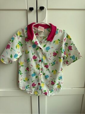 Retro 80s Sears Girls 6X Floral Button Up Shirt Made in Canada
